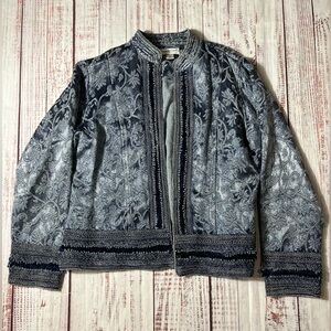 Coldwater Creek Navy brocade tunic collar women’s lined jacket size large